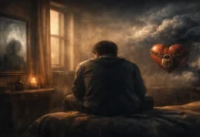 Bastırılmış cinselliği simgeleyen yalnız bir kişinin loş odada otururken sembolik öğelerle çevrelendiği sinematik illüstrasyon