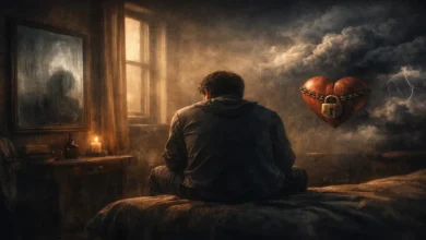 Bastırılmış cinselliği simgeleyen yalnız bir kişinin loş odada otururken sembolik öğelerle çevrelendiği sinematik illüstrasyon