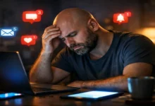 Dijital yorgunluk yaşayan, bildirimler ve ekranlar arasında zihinsel olarak tükenmiş bir adam