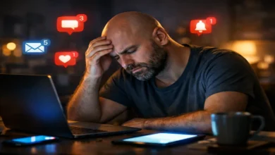 Dijital yorgunluk yaşayan, bildirimler ve ekranlar arasında zihinsel olarak tükenmiş bir adam