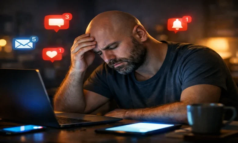 Dijital yorgunluk yaşayan, bildirimler ve ekranlar arasında zihinsel olarak tükenmiş bir adam