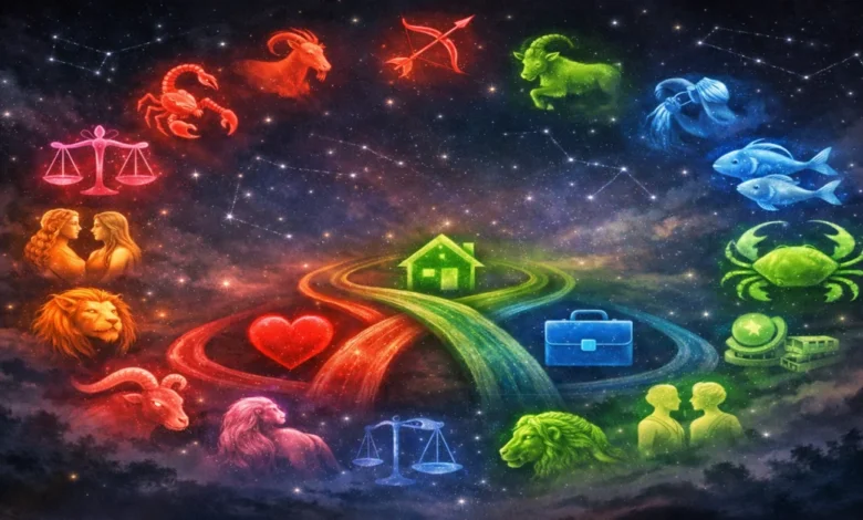Haftalık burç yorumları illüstrasyonu – aşk, aile ve iş hayatındaki duygusal hassasiyetleri temsil eden 12 burç simgesi