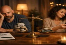 İlişkilerde alttan alan, duygusal olarak yorgun hisseden kel ve sakallı erkek ile telefonuyla ilgilenen kıvırcık saçlı kadın