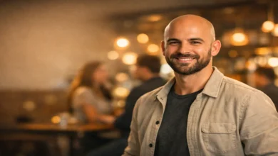 Modern bir kafede kendinden emin duran, bakımlı ve sakallı bir erkeğin ilk izlenimde kadınları etkilemesini temsil eden görsel