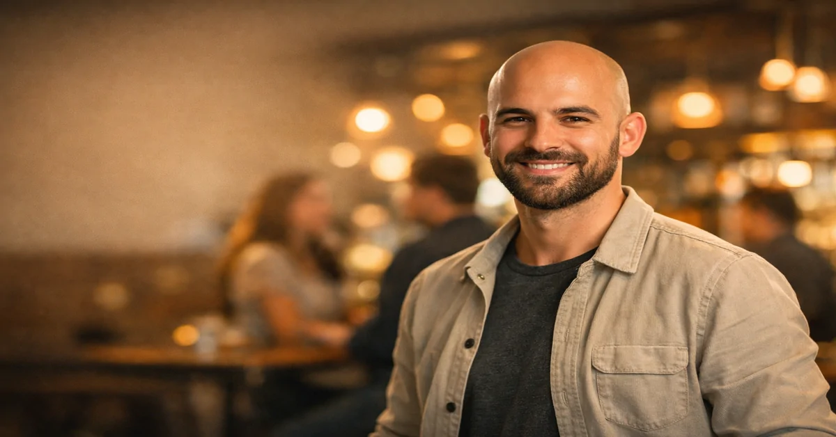 Modern bir kafede kendinden emin duran, bakımlı ve sakallı bir erkeğin ilk izlenimde kadınları etkilemesini temsil eden görsel