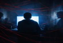 Cinsiyetsiz genç bir birey, gece loş bir odada bilgisayar ekranına bakarken, anksiyeteyi temsil eden kırmızı iplerle çevrili. Yalnızlık ve psikolojik etkiler teması ön planda.