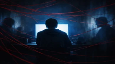 Cinsiyetsiz genç bir birey, gece loş bir odada bilgisayar ekranına bakarken, anksiyeteyi temsil eden kırmızı iplerle çevrili. Yalnızlık ve psikolojik etkiler teması ön planda.