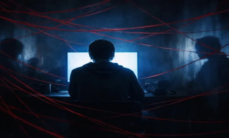 Cinsiyetsiz genç bir birey, gece loş bir odada bilgisayar ekranına bakarken, anksiyeteyi temsil eden kırmızı iplerle çevrili. Yalnızlık ve psikolojik etkiler teması ön planda.