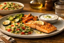 Tok tutan akşam yemekleri için somon, sebze ve kinoa içeren sağlıklı akşam yemeği tabağı