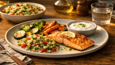 Tok tutan akşam yemekleri için somon, sebze ve kinoa içeren sağlıklı akşam yemeği tabağı