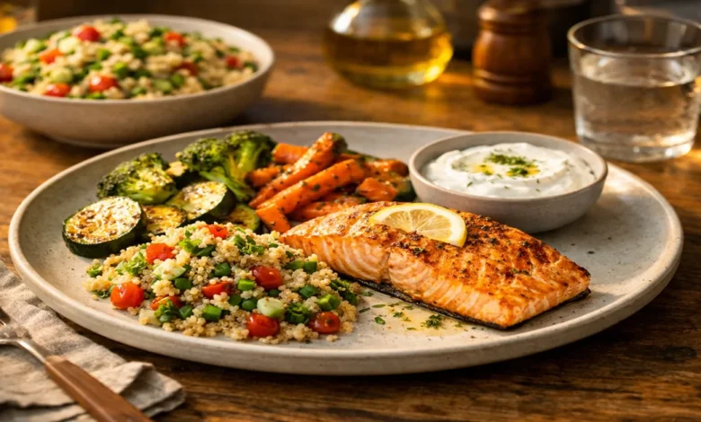 Tok tutan akşam yemekleri için somon, sebze ve kinoa içeren sağlıklı akşam yemeği tabağı