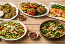 Tok tutan ve düşük kalorili 5 sağlıklı akşam yemeği: kabak mücver, kinoalı dolma, somon ve kuşkonmaz, kabak spagetti ve fasulyeli çorba.