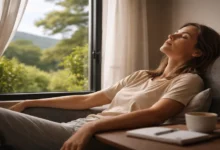 Zihinsel yorgunluk yaşayan bir kişinin pencere kenarında dinlenerek zihnini toparlaması