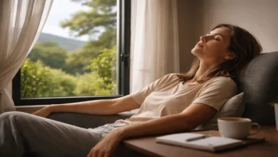 Zihinsel yorgunluk yaşayan bir kişinin pencere kenarında dinlenerek zihnini toparlaması