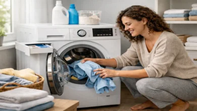 Çamaşır makinesine çamaşır yerleştiren kıvırcık saçlı kadın