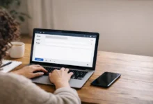 İlk kez e-posta kullanan bir kadının dizüstü bilgisayarda e-posta yazarken görüldüğü sade çalışma ortamı