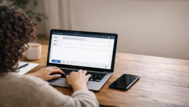 İlk kez e-posta kullanan bir kadının dizüstü bilgisayarda e-posta yazarken görüldüğü sade çalışma ortamı