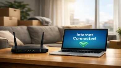 Eve internet bağlatma sürecini temsil eden modem ve dizüstü bilgisayar bulunan modern salon ortamı