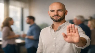 Hayır diyebilmek temasını yansıtan, kararlı şekilde elini uzatarak sınır koyan adam