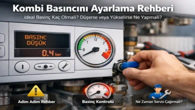 Kombi basıncı ayarlama ekranı, 1.5 bar manometre göstergesi ve su basma vanası detayı