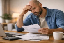 Kredi notu düştüğü için faturalarını inceleyen bir adam