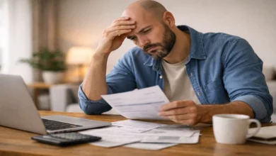 Kredi notu düştüğü için faturalarını inceleyen bir adam