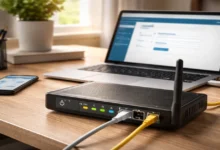 Modem kurulumu sırasında DSL ve Ethernet kabloları bağlı Wi-Fi modem ve arayüz ekranı