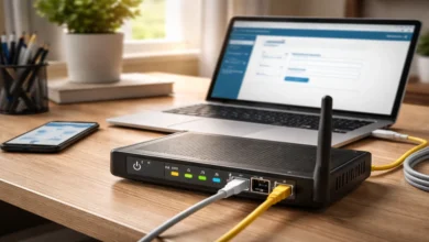 Modem kurulumu sırasında DSL ve Ethernet kabloları bağlı Wi-Fi modem ve arayüz ekranı