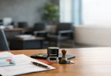 Noter ofisinde masa üzerinde kimlik kartı ve resmi evraklarla noter randevusu alma sürecini temsil eden sahne