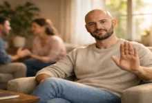 Sağlıklı sınır koymayı temsil eden, sakin ve özgüvenli bir erkeğin elini nazikçe dur işareti yaparak kaldırdığı sahne