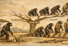 İnsan ve şempanzenin ortak atadan evrimsel ayrımını gösteren paleoantropoloji illüstrasyonu