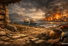 Bronz Çağı Çöküşü'nü anlatan, yanan kıyı kenti ve antik arşiv kalıntıları içeren tarih illüstrasyonu