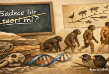 Evrim teorisini anlatan illüstrasyon: fosiller, DNA sarmalı, evrim ağacı ve insan evrimi çizimi