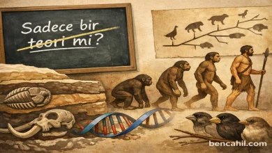 Evrim teorisini anlatan illüstrasyon: fosiller, DNA sarmalı, evrim ağacı ve insan evrimi çizimi