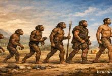 İnsan evrimi sürecini gösteren bilimsel illüstrasyon, erken homininlerden modern Homo sapiens'e kadar evrimsel gelişim