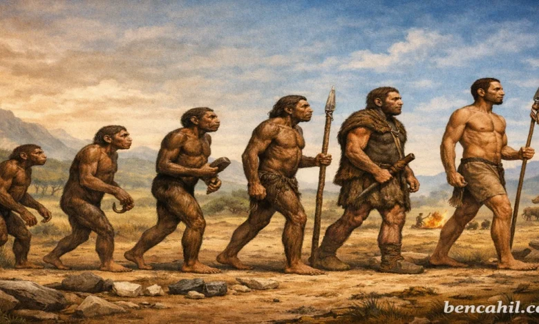 İnsan evrimi sürecini gösteren bilimsel illüstrasyon, erken homininlerden modern Homo sapiens'e kadar evrimsel gelişim