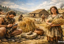 Neolitik Devrim sahnesi: avcı-toplayıcı insanlar ile erken tarım yapan köylüler ve evcilleştirilmiş hayvanlar