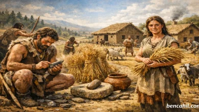 Neolitik Devrim sahnesi: avcı-toplayıcı insanlar ile erken tarım yapan köylüler ve evcilleştirilmiş hayvanlar