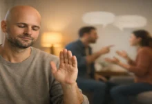 Tartışma sırasında sakin kalmaya çalışan kel bir adamın elini kaldırarak konuşmayı durdurduğu ve arka planda tartışan bir çiftin bulunduğu sahne