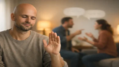 Tartışma sırasında sakin kalmaya çalışan kel bir adamın elini kaldırarak konuşmayı durdurduğu ve arka planda tartışan bir çiftin bulunduğu sahne