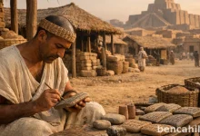Uruk şehrinde tapınak deposu önünde kil tablet üzerine çivi yazısı kaydı tutan Sümer kâtibi