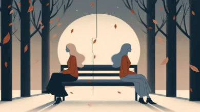 Minimalist illustration of two light-skinned women sitting apart on a park bench at sunset, symbolizing emotional distance and a friendship breakup, with muted blue-gray tones, warm light, and fallen autumn leaves